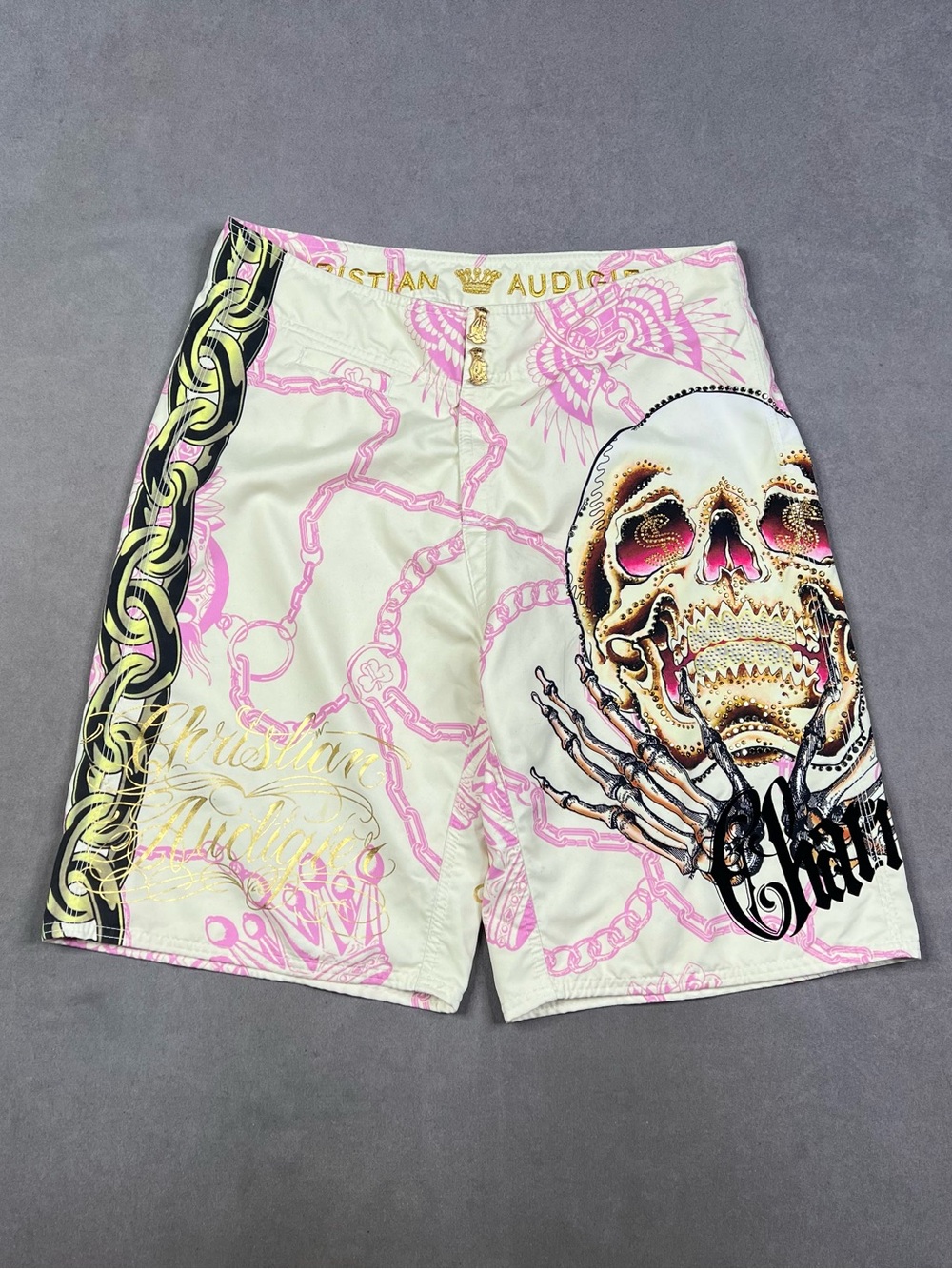 Christian Audigier Men’s Cream & Pink Skull Chain Graphic Shorts